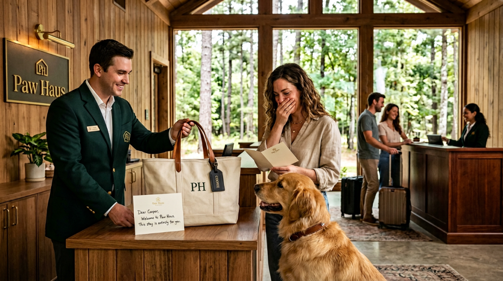 PawHaus welcome lobby check-in with personalized dog welcome bag