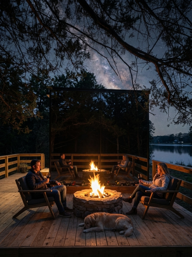 Couples around firepit on lakefront deck under the stars with dog