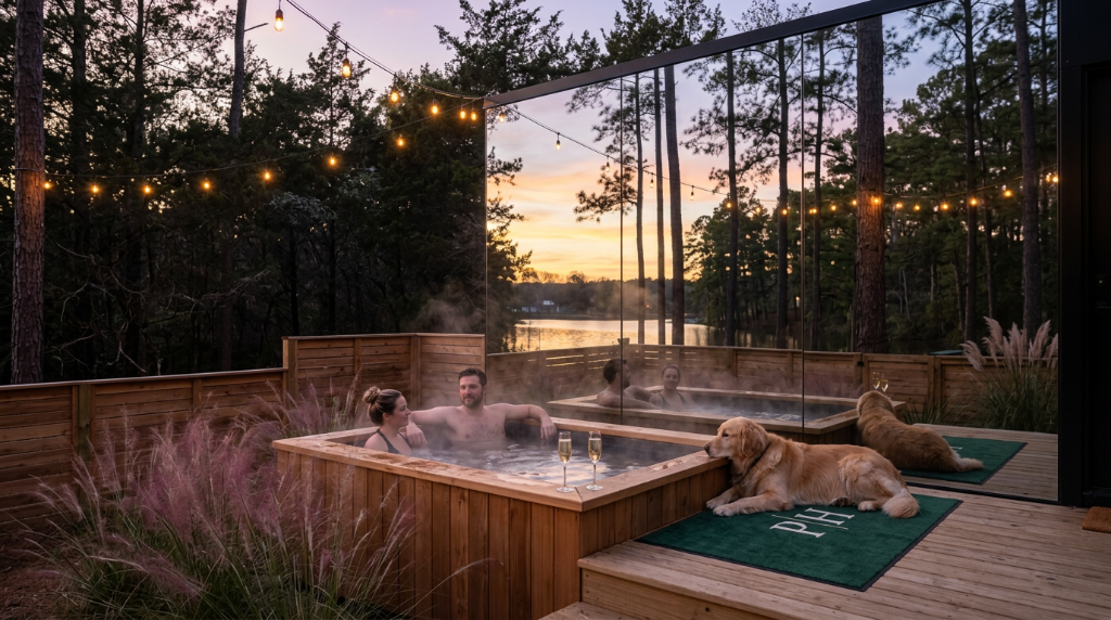 Luxury mirror-house cabin at sunset with hot tub and dog — PawHaus