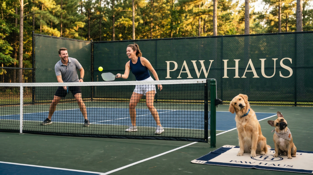 Couples playing pickleball at PawHaus with dogs watching courtside