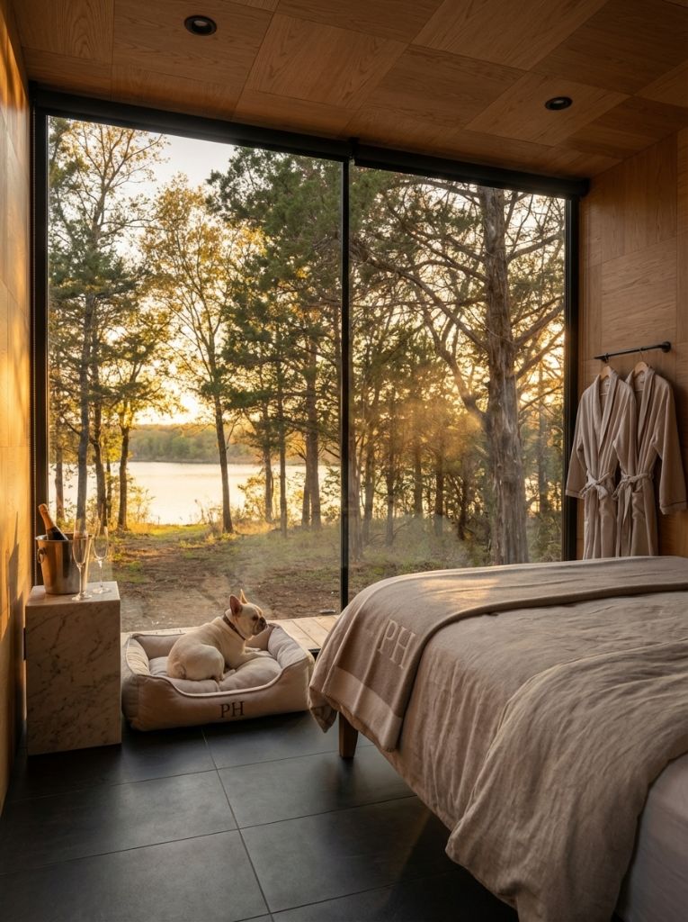 Luxury suite interior with French bulldog and lake view — PawHaus