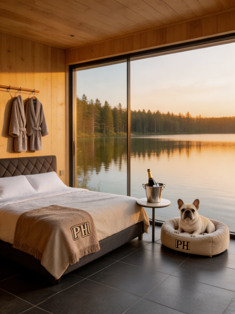 Luxury mirror-house suite interior with dog